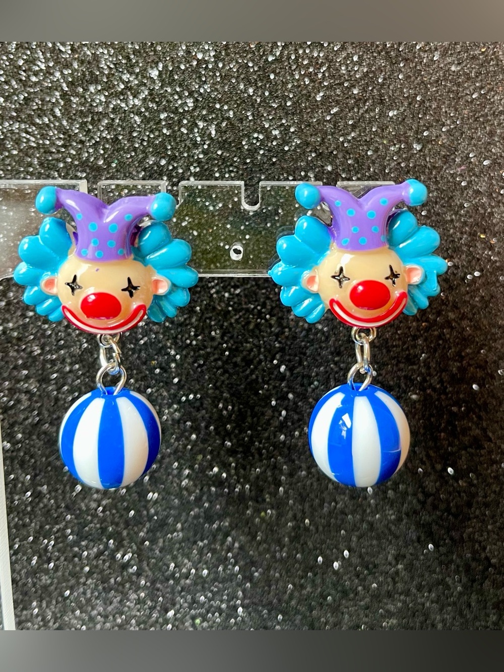 Playful Clown Circus Drop Earrings in Blue